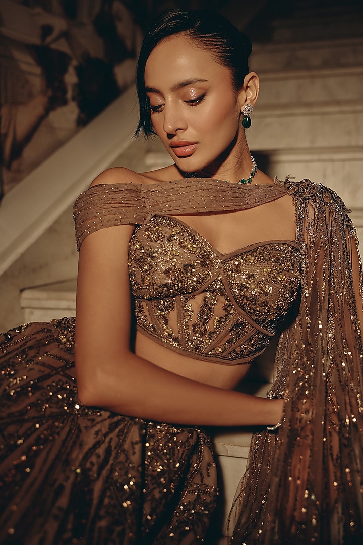 Olive Net & Satin Embroidered Bridal Lehenga Set by Adaara Couture at Pernia's Pop Up Shop