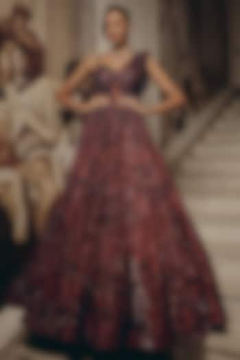 Wine Net & Luxe Satin Crystal Embroidered Bridal Gown by Adaara Couture at Pernia's Pop Up Shop