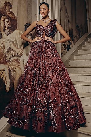 Wine Net & Luxe Satin Crystal Embroidered Gown by Adaara Couture
