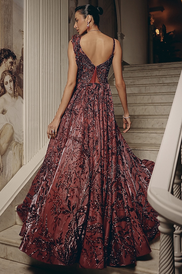 Wine Net & Luxe Satin Crystal Embroidered Bridal Gown by Adaara Couture at Pernia's Pop Up Shop