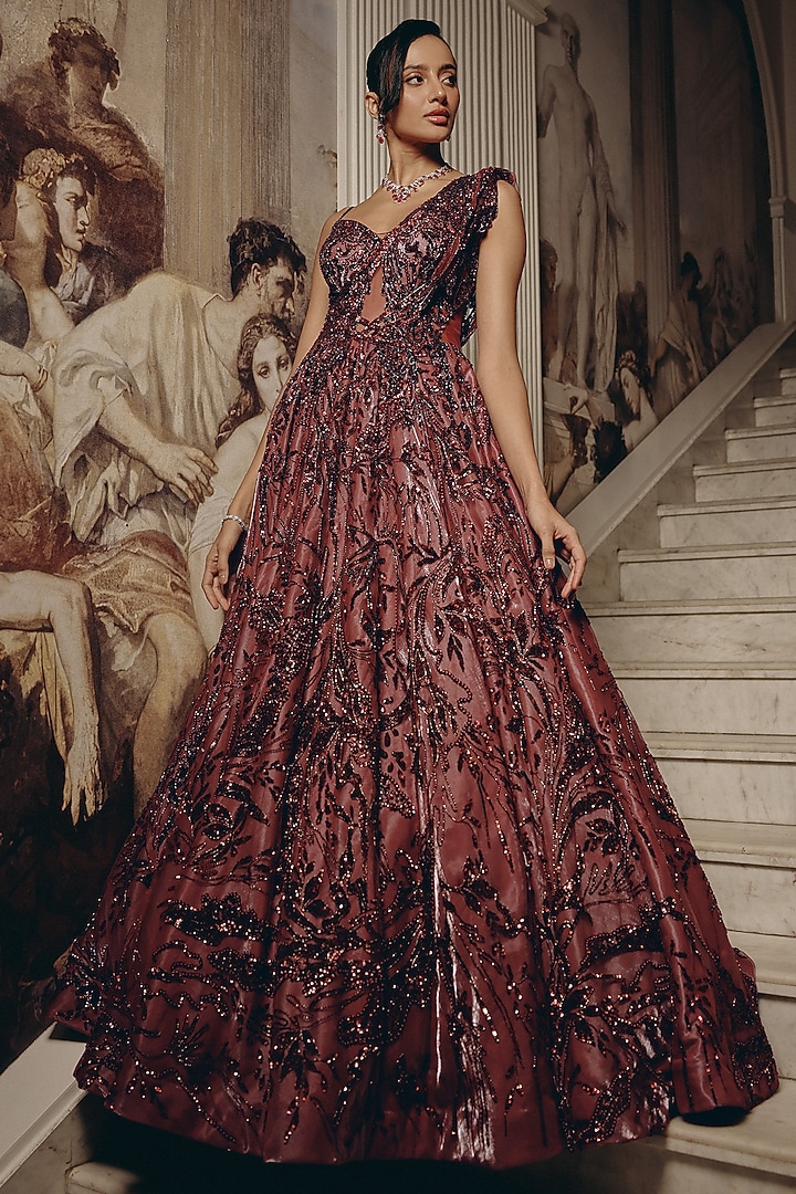 Wine Net & Luxe Satin Crystal Embroidered Bridal Gown by Adaara Couture at Pernia's Pop Up Shop