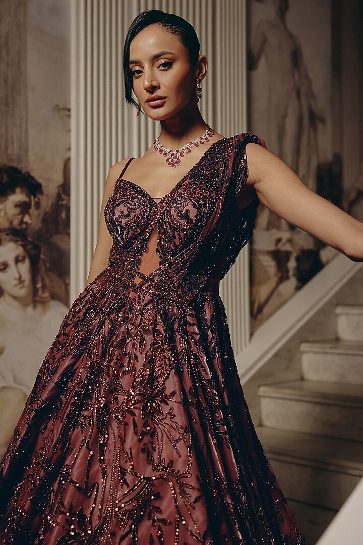 Wine Net & Luxe Satin Crystal Embroidered Bridal Gown by Adaara Couture at Pernia's Pop Up Shop