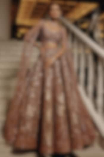 Pink-Gold Net & Satin Organza Crystal Embellished Bridal Lehenga Set by Adaara Couture at Pernia's Pop Up Shop