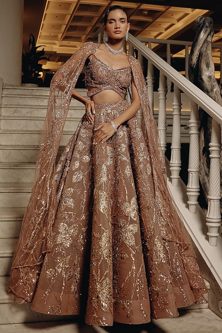 Pink-Gold Net & Satin Organza Crystal Embellished Bridal Lehenga Set by Adaara Couture at Pernia's Pop Up Shop