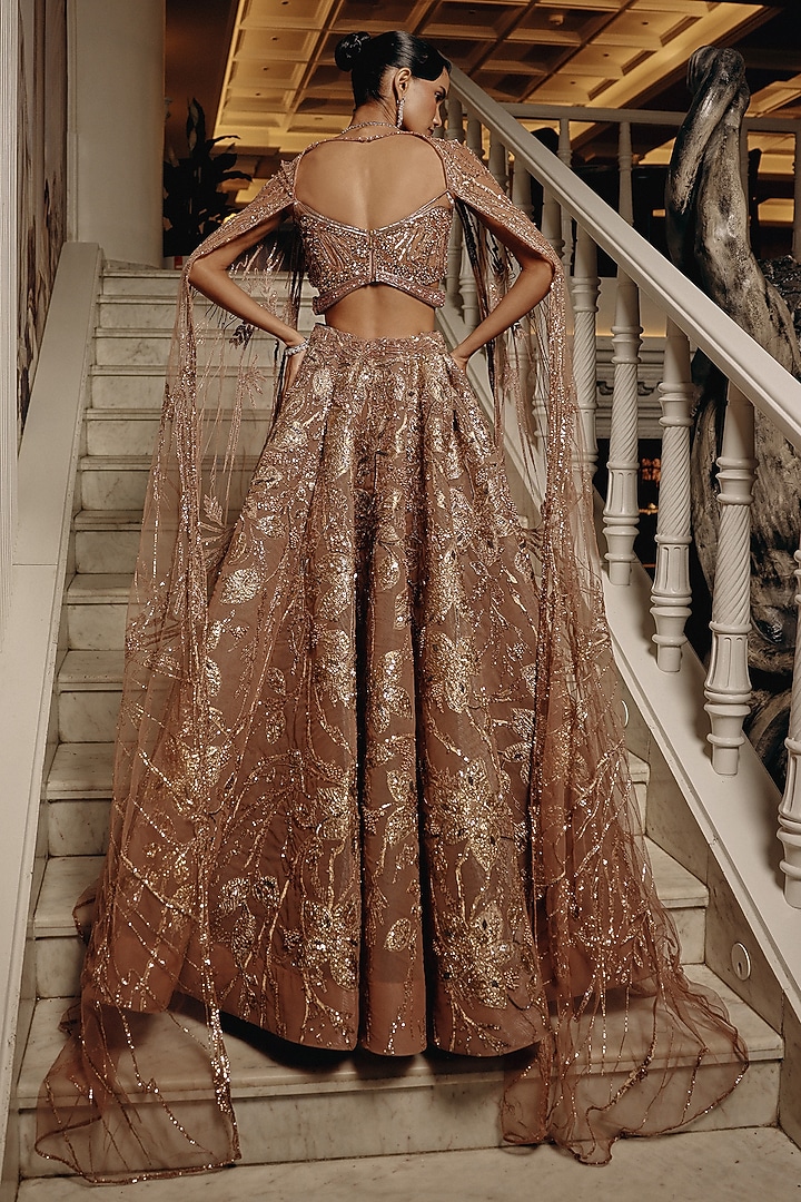Pink-Gold Net & Satin Organza Crystal Embellished Bridal Lehenga Set by Adaara Couture at Pernia's Pop Up Shop