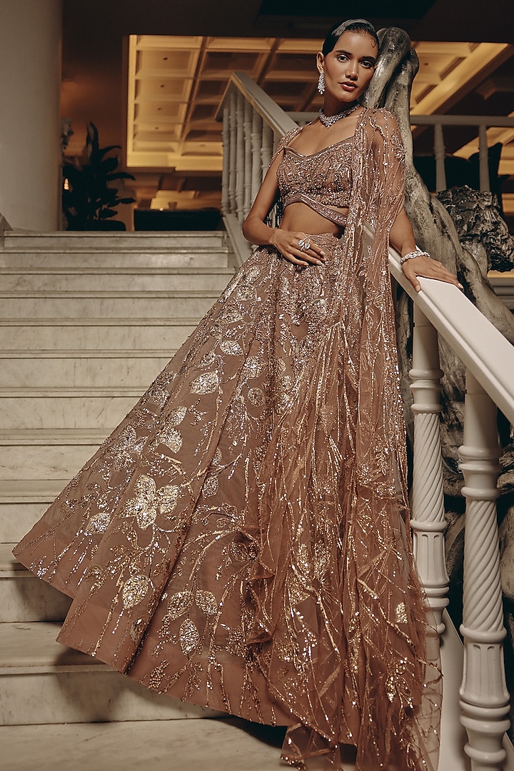 Pink-Gold Net & Satin Organza Crystal Embellished Bridal Lehenga Set by Adaara Couture at Pernia's Pop Up Shop