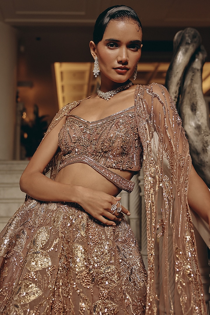 Pink-Gold Net & Satin Organza Crystal Embellished Bridal Lehenga Set by Adaara Couture at Pernia's Pop Up Shop