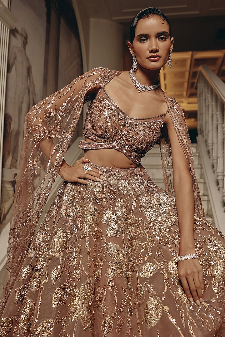 Pink-Gold Net & Satin Organza Crystal Embellished Bridal Lehenga Set by Adaara Couture at Pernia's Pop Up Shop