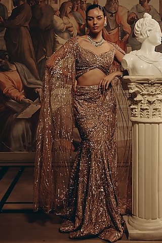 Yellow-Gold Net & Satin Embroidered Lehenga Set by Adaara Couture