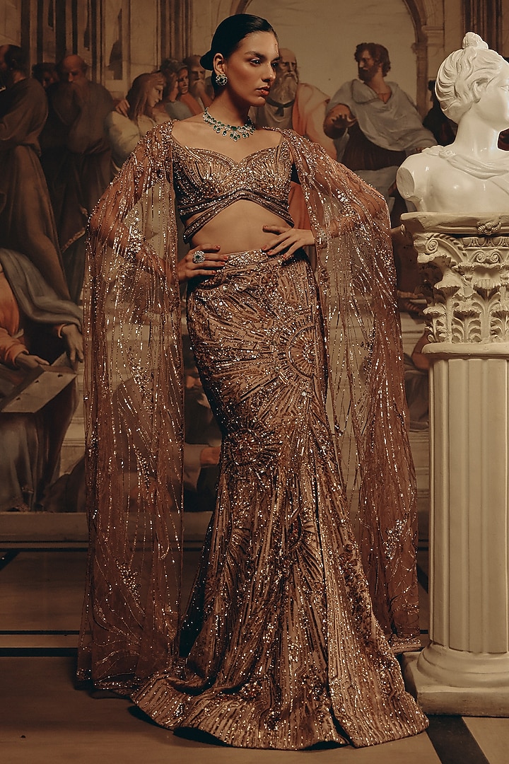 Yellow-Gold Net & Satin Embroidered Bridal Lehenga Set by Adaara Couture at Pernia's Pop Up Shop