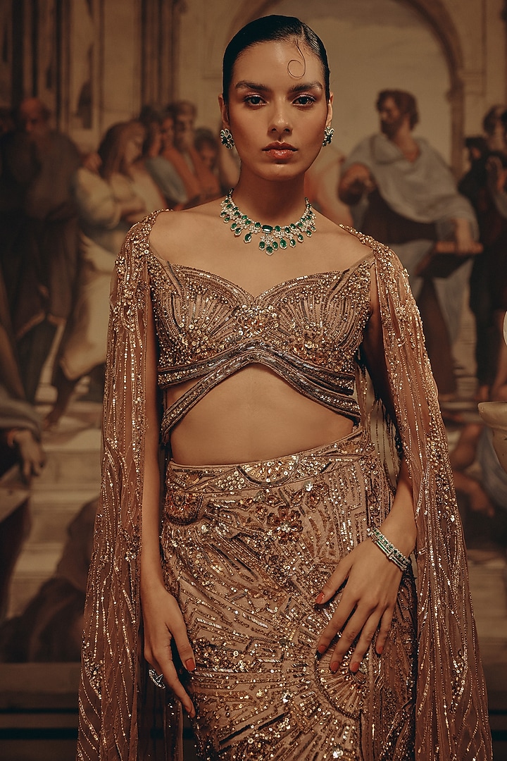 Yellow-Gold Net & Satin Embroidered Bridal Lehenga Set by Adaara Couture at Pernia's Pop Up Shop