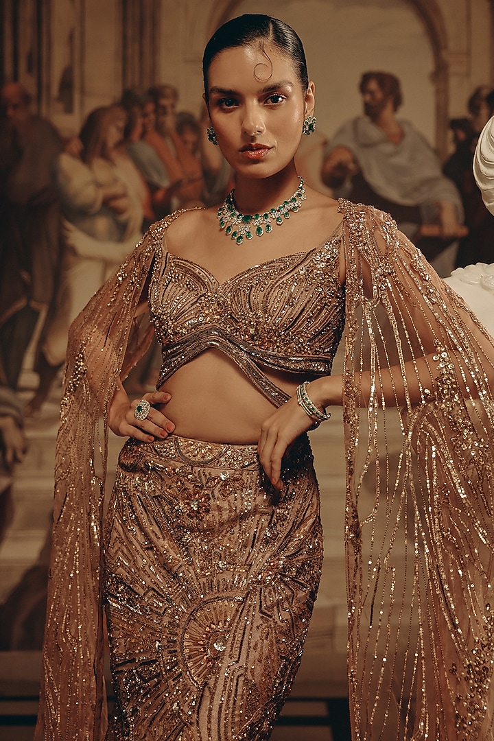 Yellow-Gold Net & Satin Embroidered Bridal Lehenga Set by Adaara Couture at Pernia's Pop Up Shop