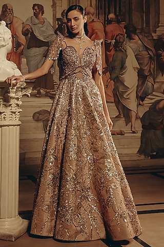 golden net dress Morgan & Co 10141 Formal Long Metallic Prom Dress – The Dress Outlet main image 1