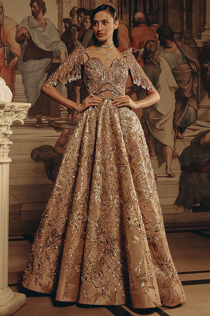 Gold Net & Satin Organza Embroidered Bridal Gown by Adaara Couture at Pernia's Pop Up Shop