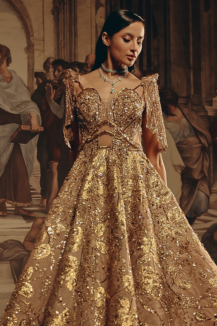 Gold Net & Satin Organza Embroidered Bridal Gown by Adaara Couture at Pernia's Pop Up Shop