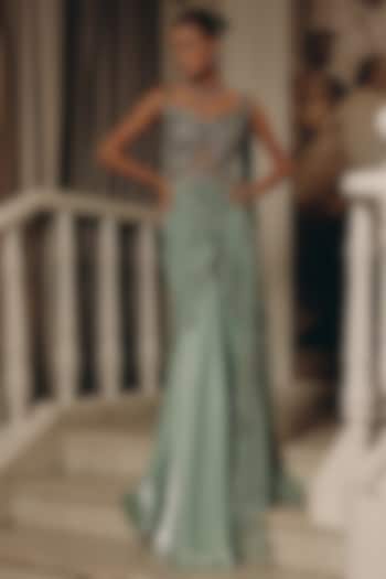 Seafoam Green Luxe Satin Sequins Embroidered Draped Reception Saree by Adaara Couture at Pernia's Pop Up Shop