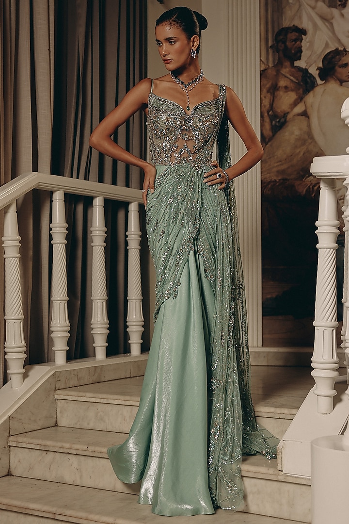 Seafoam Green Luxe Satin Sequins Embroidered Draped Reception Saree by Adaara Couture at Pernia's Pop Up Shop