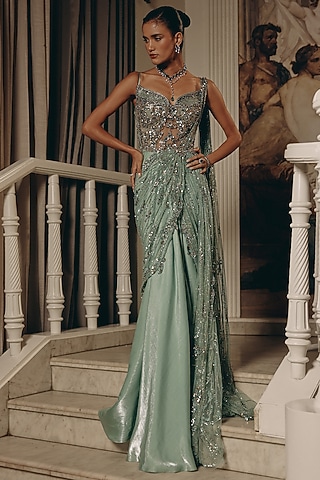 Seafoam Green Luxe Satin Sequins Embroidered Draped Saree by Adaara Couture