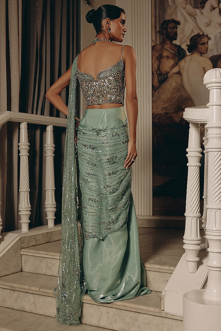 Seafoam Green Luxe Satin Sequins Embroidered Draped Reception Saree by Adaara Couture at Pernia's Pop Up Shop