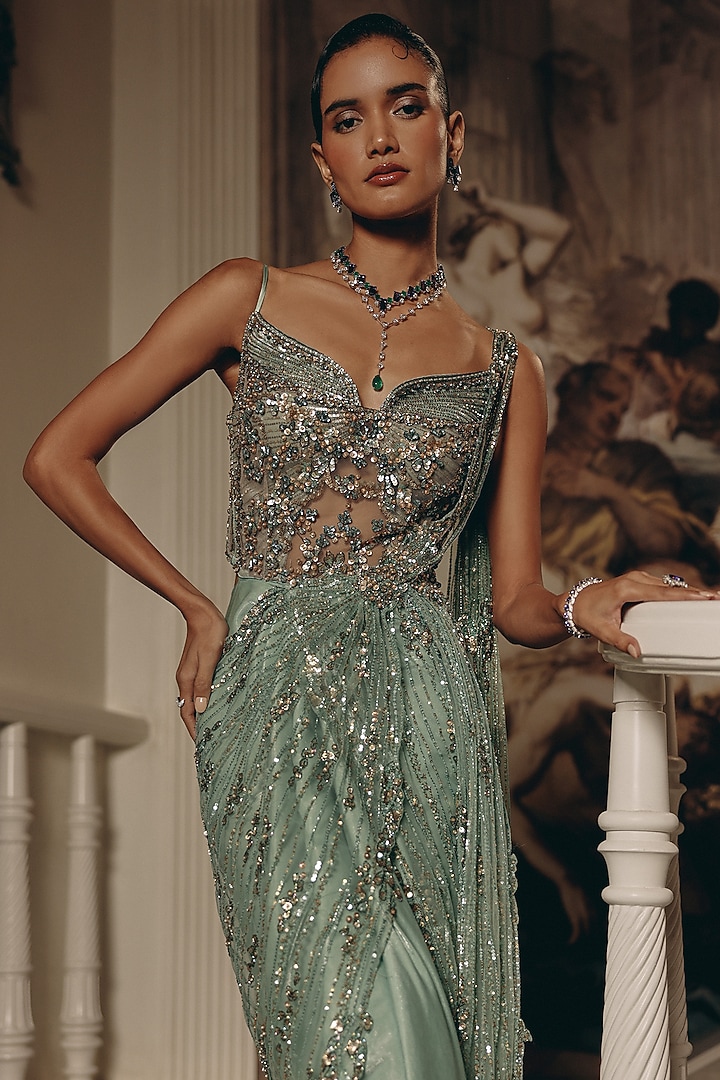 Seafoam Green Luxe Satin Sequins Embroidered Draped Reception Saree by Adaara Couture at Pernia's Pop Up Shop