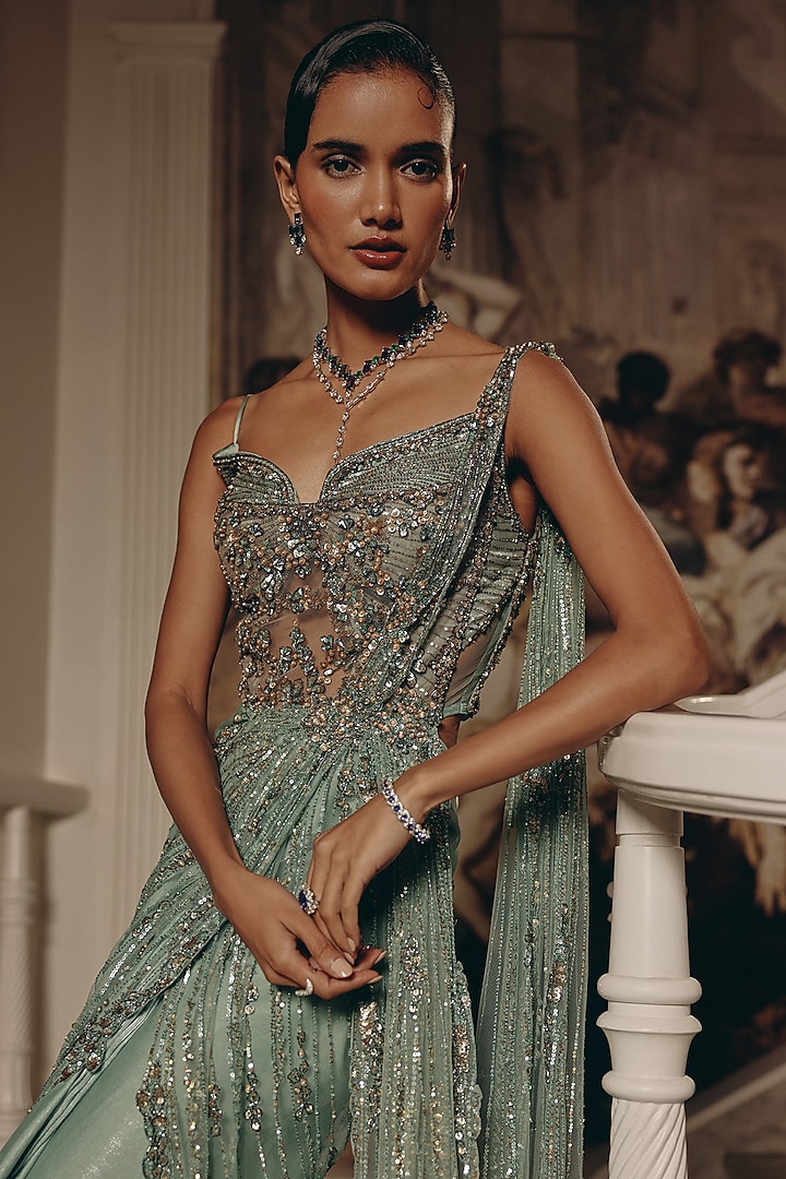 Seafoam Green Luxe Satin Sequins Embroidered Draped Reception Saree by Adaara Couture at Pernia's Pop Up Shop