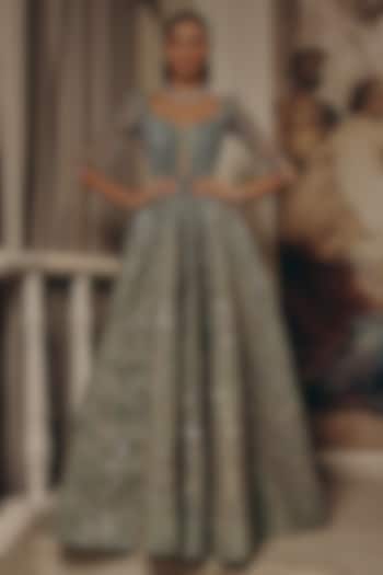 Seafoam Green Organza Embroidered Draped Bridal Gown by Adaara Couture at Pernia's Pop Up Shop