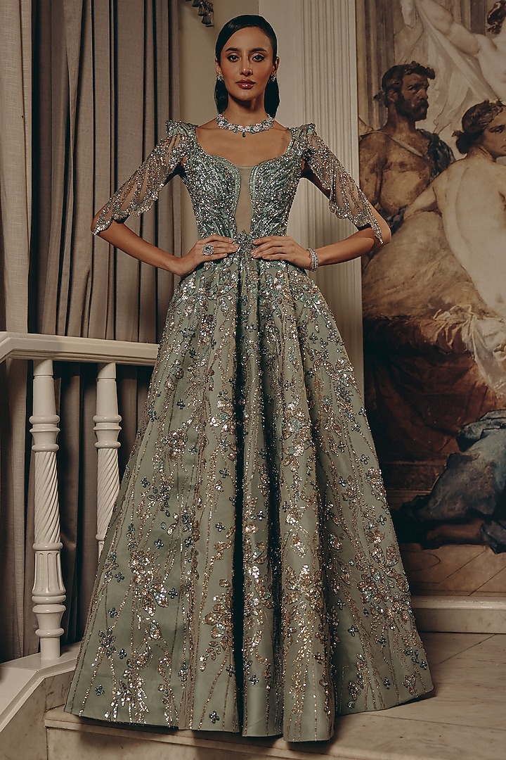 Seafoam Green Organza Embroidered Draped Bridal Gown by Adaara Couture at Pernia's Pop Up Shop