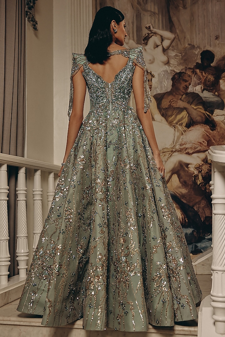 seafoam green evening dress Mint Green Long Sleeves Split Mermaid Prom Dress With Applique ED0119