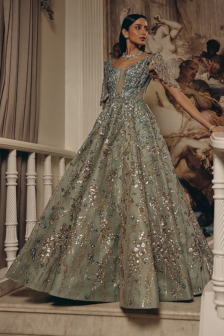 Seafoam Green Organza Embroidered Draped Bridal Gown by Adaara Couture at  Pernia's Pop Up Shop 2026