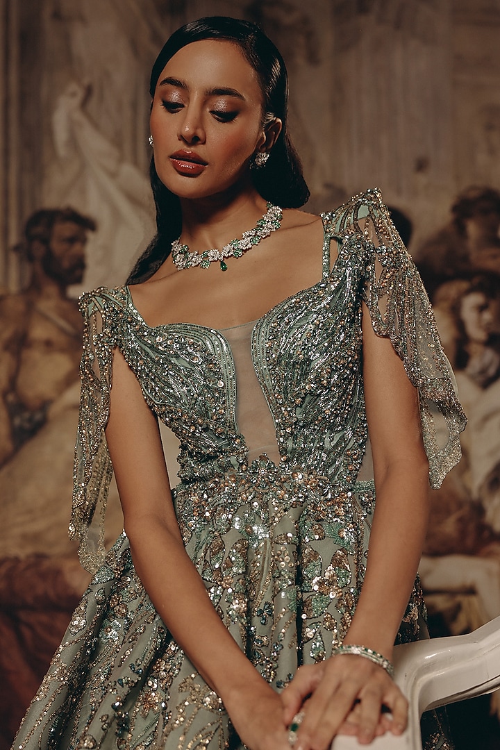 Seafoam Green Organza Embroidered Draped Bridal Gown by Adaara Couture at Pernia's Pop Up Shop