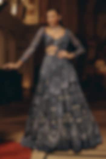 Midnight Blue Bamberg Silk Sequins Embellished Bridal Lehenga Set by Adaara Couture at Pernia's Pop Up Shop