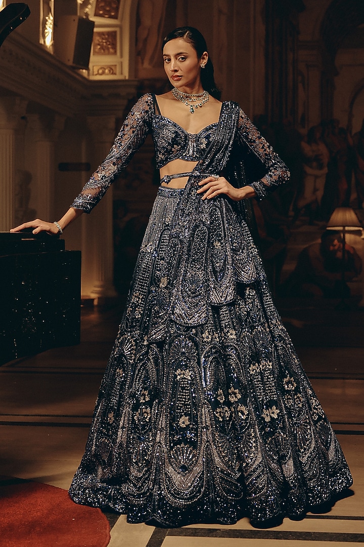Midnight Blue Bamberg Silk Sequins Embellished Bridal Lehenga Set by Adaara Couture at Pernia's Pop Up Shop