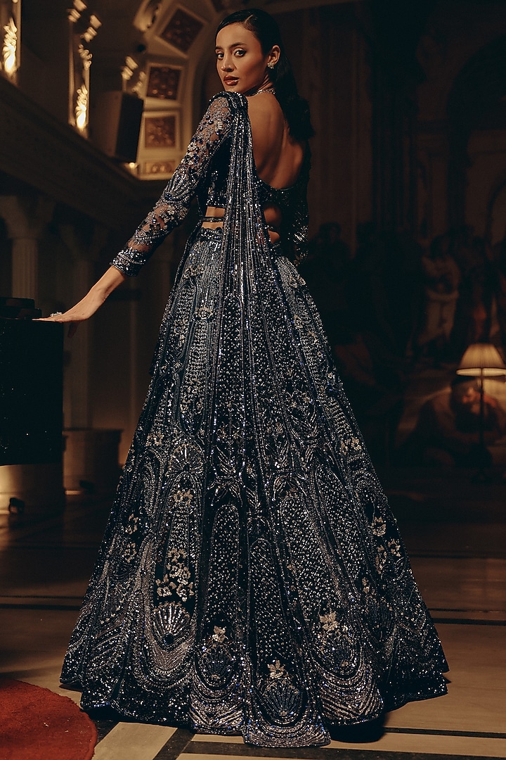 Midnight Blue Bamberg Silk Sequins Embellished Bridal Lehenga Set by Adaara Couture at Pernia's Pop Up Shop