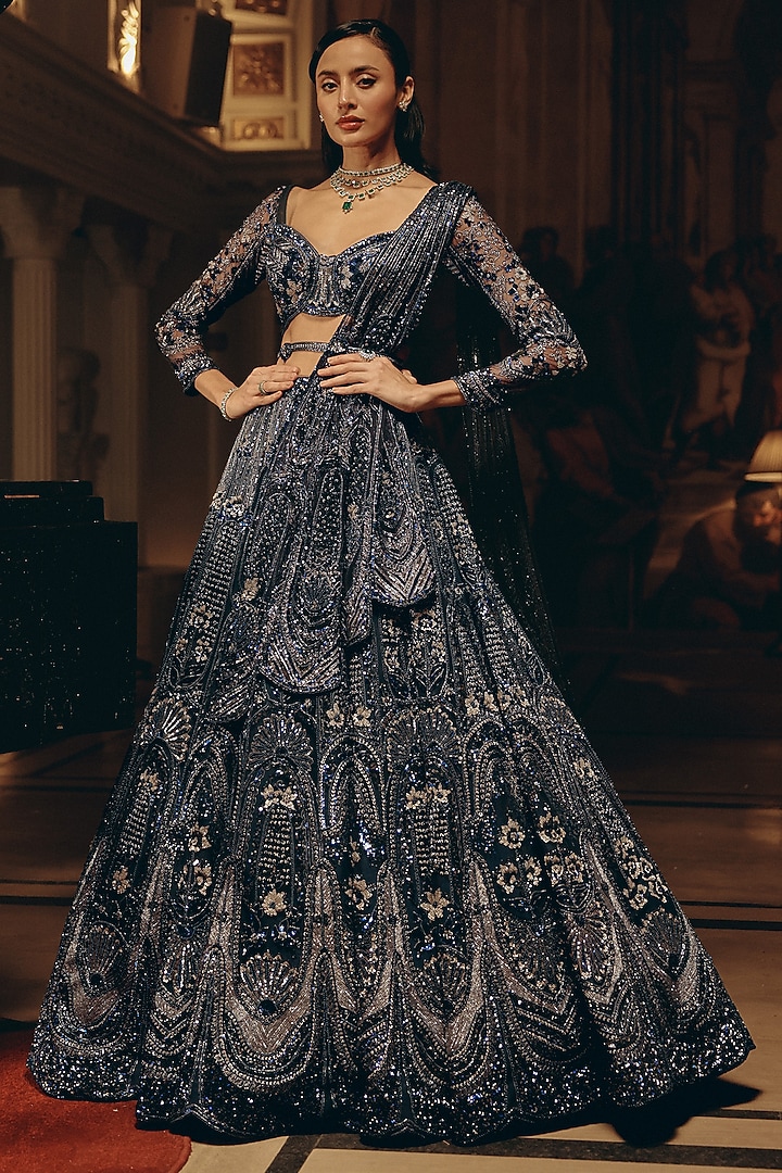Midnight Blue Bamberg Silk Sequins Embellished Bridal Lehenga Set by Adaara Couture at Pernia's Pop Up Shop