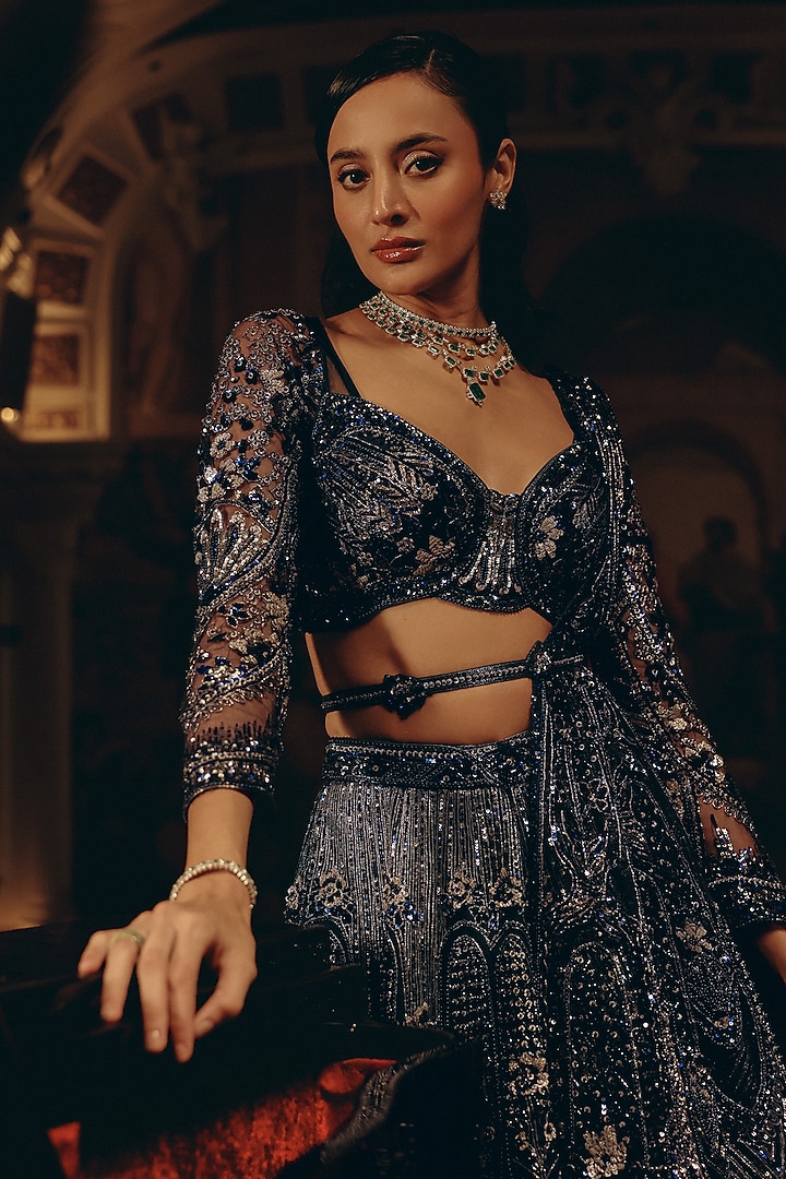 Midnight Blue Bamberg Silk Sequins Embellished Bridal Lehenga Set by Adaara Couture at Pernia's Pop Up Shop