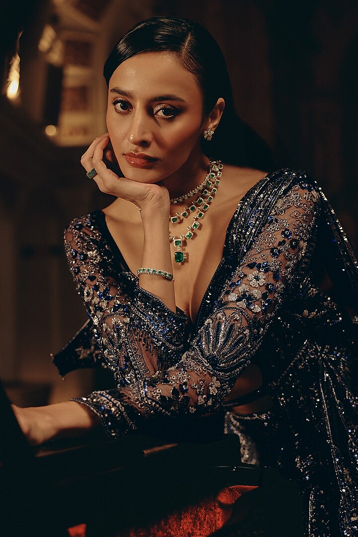 Midnight Blue Bamberg Silk Sequins Embellished Bridal Lehenga Set by Adaara Couture at Pernia's Pop Up Shop