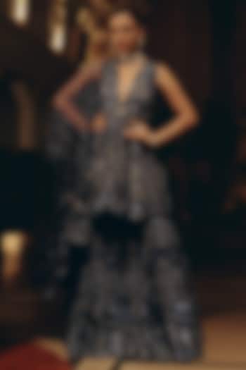 Midnight Blue Bamberg Silk Sequins Embroidered Bridal Sharara Set by Adaara Couture at Pernia's Pop Up Shop