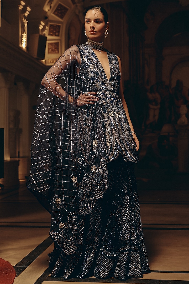 Midnight Blue Bamberg Silk Sequins Embroidered Bridal Sharara Set by Adaara Couture at Pernia's Pop Up Shop