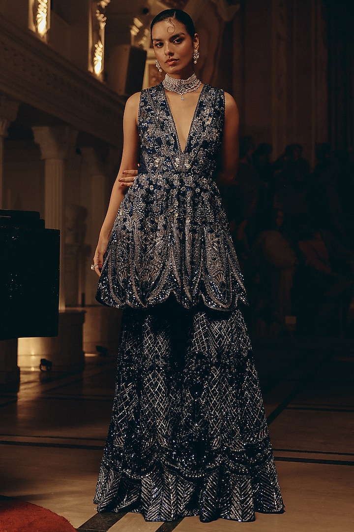 Midnight Blue Bamberg Silk Sequins Embroidered Bridal Sharara Set by Adaara Couture at Pernia's Pop Up Shop