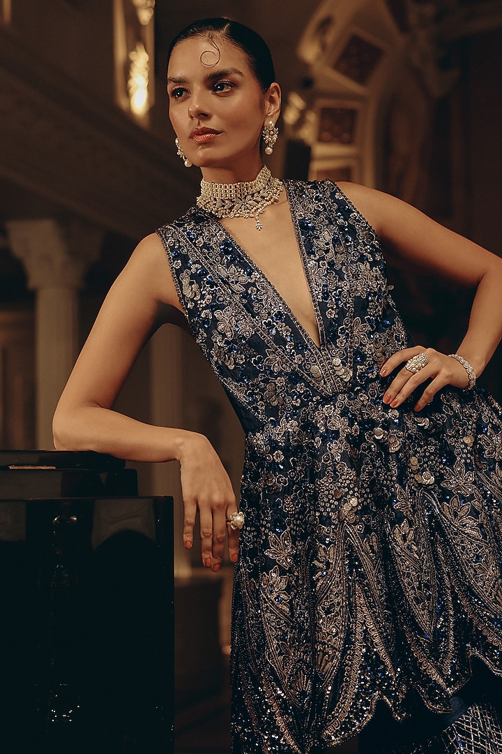 Midnight Blue Bamberg Silk Sequins Embroidered Bridal Sharara Set by Adaara Couture at Pernia's Pop Up Shop