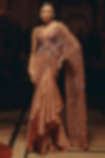 Blush Pink Satin Organza Sequins Hand Embroidered Draped Reception Saree by Adaara Couture at Pernia's Pop Up Shop