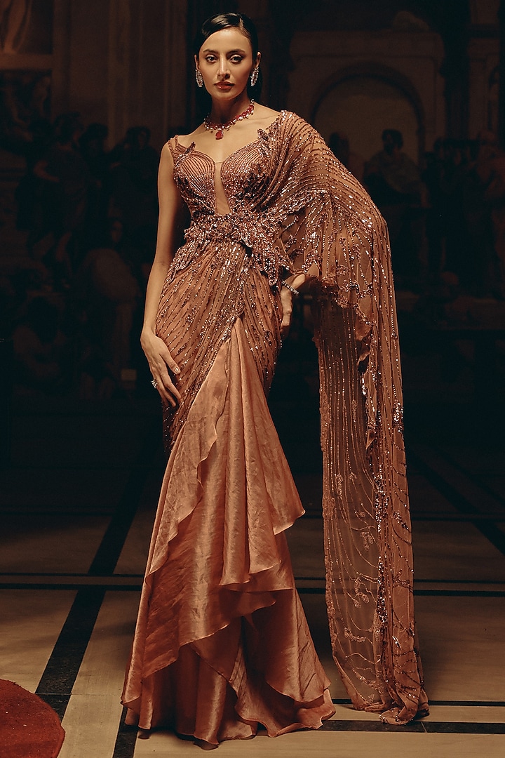 Blush Pink Satin Organza Sequins Hand Embroidered Draped Reception Saree by Adaara Couture at Pernia's Pop Up Shop