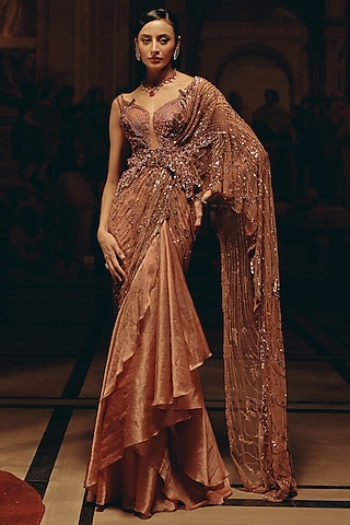 Blush Pink Satin Organza Sequins Hand Embroidered Draped Saree by Adaara Couture