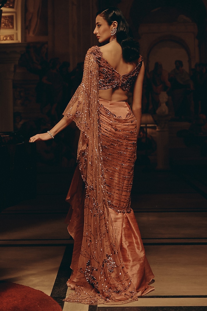 Blush Pink Satin Organza Sequins Hand Embroidered Draped Reception Saree by Adaara Couture at Pernia's Pop Up Shop