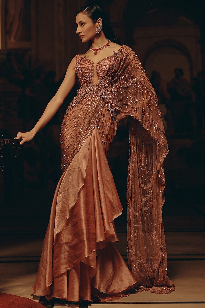 Blush Pink Satin Organza Sequins Hand Embroidered Draped Reception Saree by Adaara Couture at Pernia's Pop Up Shop