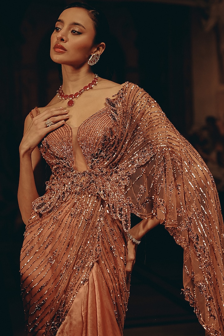 Blush Pink Satin Organza Sequins Hand Embroidered Draped Reception Saree by Adaara Couture at Pernia's Pop Up Shop