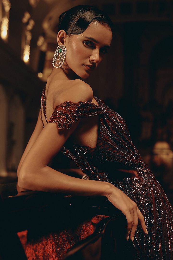 Burgundy Bemberg Silk & Net Embroidered Off-Shoulder Bridal Gown by Adaara Couture at Pernia's Pop Up Shop