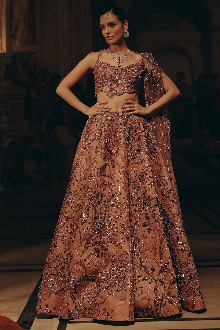 Blush Pink Satin Organza Sequins Embroidered Bridal Lehenga Set by Adaara Couture at Pernia's Pop Up Shop