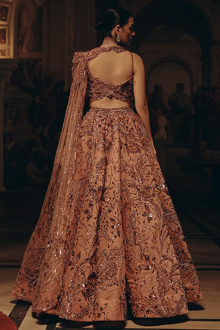 Blush Pink Satin Organza Sequins Embroidered Bridal Lehenga Set by Adaara Couture at Pernia's Pop Up Shop