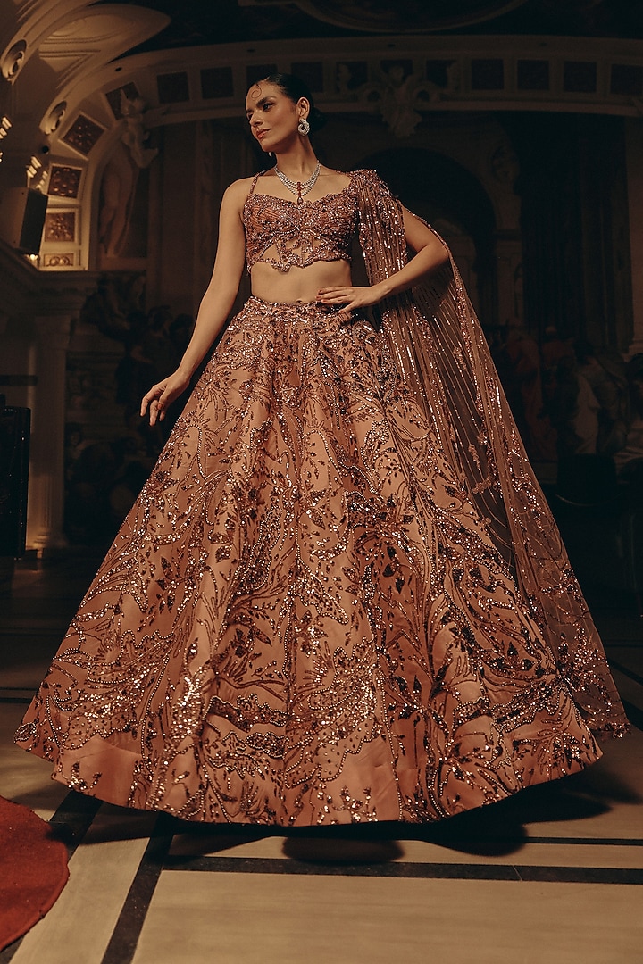 Blush Pink Satin Organza Sequins Embroidered Bridal Lehenga Set by Adaara Couture at Pernia's Pop Up Shop